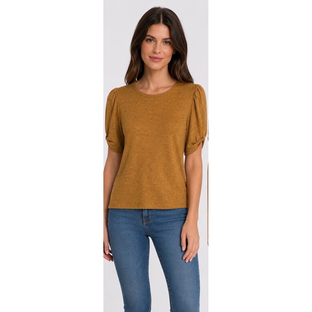 Bobeau Womens Puff Sleeve Knit Top Mustard Yellow Ochre Crew Neck XS